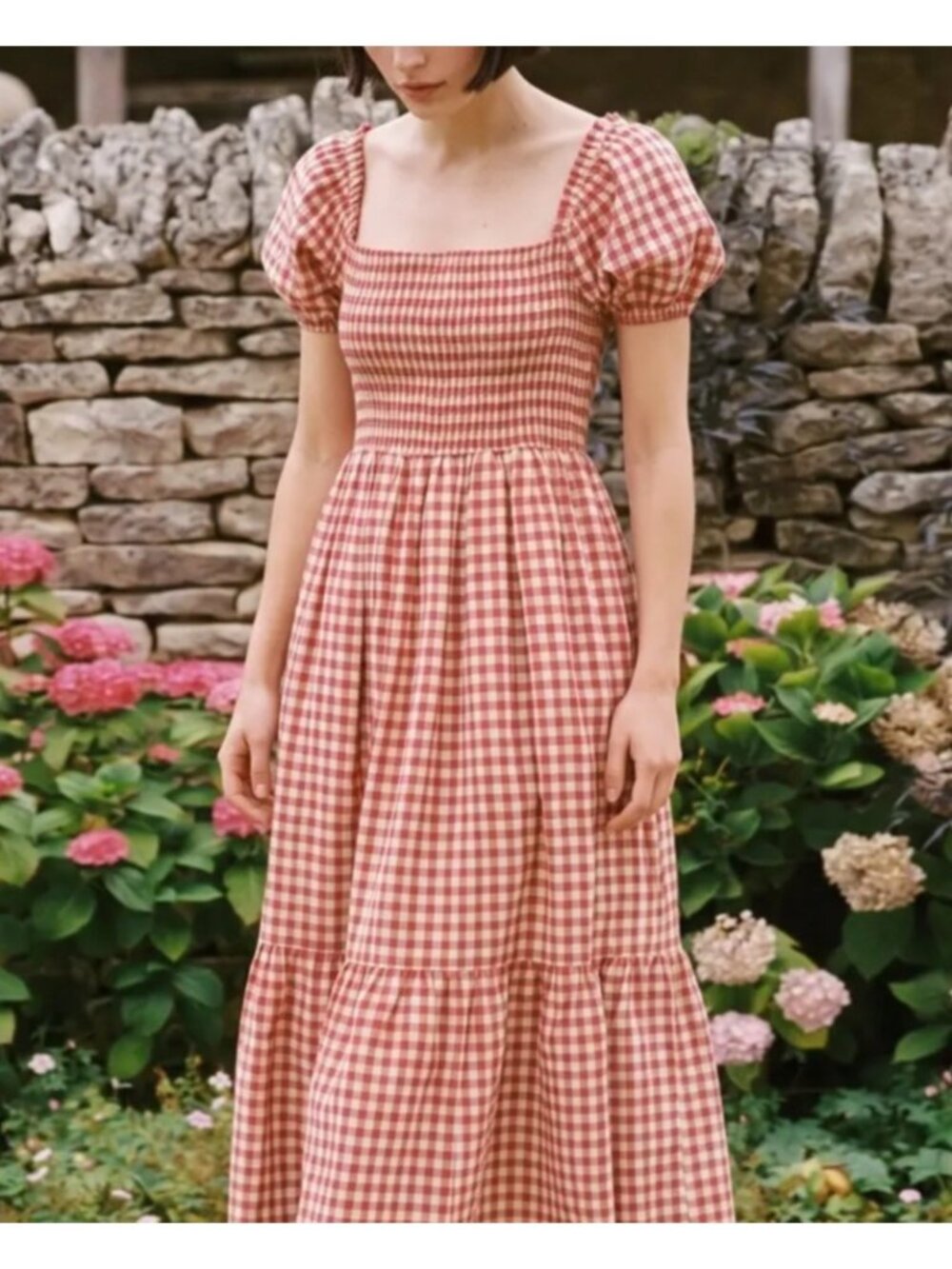 Elloh Red & White Gingham Long-Sleeve Smocked Midi Dress